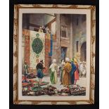 An Orientalist Painting on Card depicting Carpet Seller singed lower right J.E.