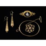 A Group of Victorian Jewellery: A 15 carat gold brooch centred by a small inset diamond and fitted
