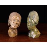 Two Vintage African Carved Stone Busts: One of a male in brown soapstone signed Luxy Zharare,