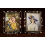 A Pair of Framed Miniature Paintings: Rectangular watercolours of a romantic couple in landscape,