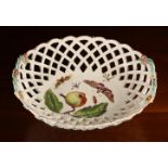 An 18th Century Derby Porcelain Basket, Circa 1760, painted with fruit,