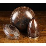 A Group of Three Carved Antique Coconut Shell Items: A shallow,