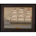 A 19th Century Wool Work Picture: A three masted sailing ship flying french ensigns and flowing