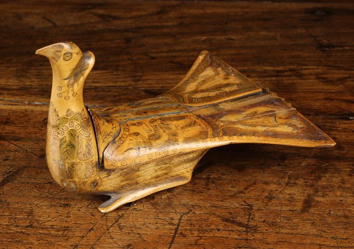 A Fabulous 19th Century Treen Table Snuff in the form of Peacock with hinged wings & penwork