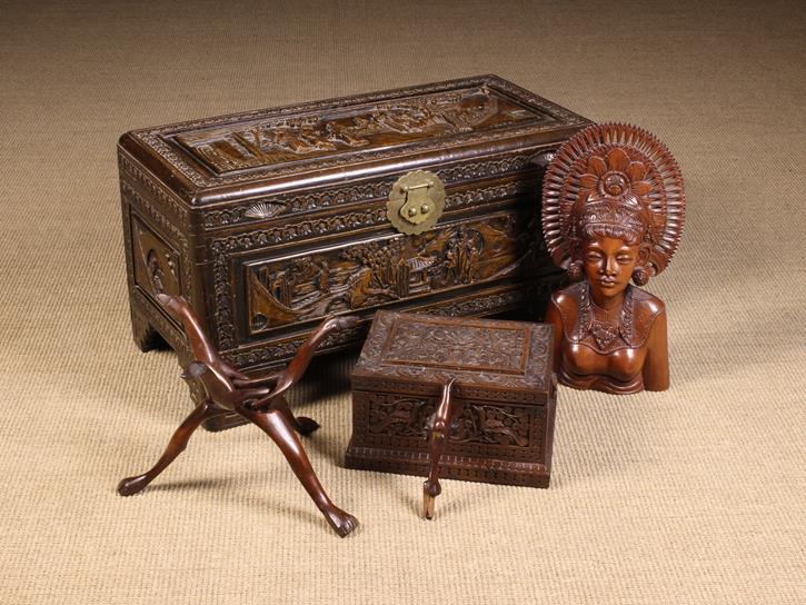 A Small Vintage Chinese Import Coffer, An Asian Carved Box, An Indonesian Carved Bust,