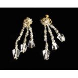 A Pair of Vintage Miriam Haskell Glass Bead and Diamante Three Branch Drop Earrings.