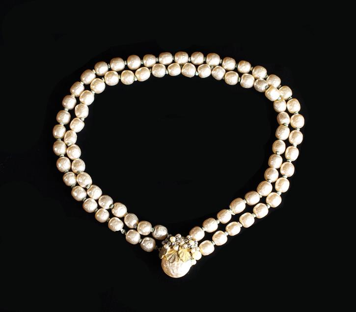 A Beautiful Miriam Haskell Faux Baroque Pearl Two Strand Choker Necklace with impressive catch.
