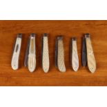 A Group of Six Victoiran Silver Folding Fruit Knives with decoratively carved mother of pearl clad