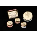 A Group of Five 18th Century Bilston Enamel Patch Boxes/Love Tokens (A/F): Each printed in black