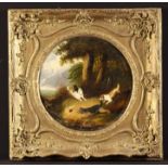 An Oil on Canvas: Hunting Scene with four terriers in landscape, 12" (30 cm) square.