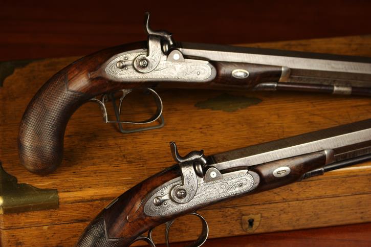 A Pair of Fine Quality Cased 40 Bore Percussion Duelling Pistols by Forsyth of London, Circa 1825. - Bild 4 aus 4