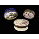 A Group of Three Antique Patch/Pill Boxes of oval form: An 18th century Bilston enamel box printed