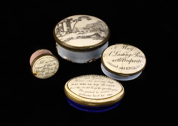 Four 18th Century Bilston Enamel Patch Boxes.