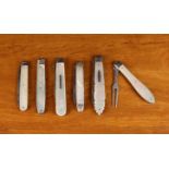 Four Silver Folding Fruit Knives & two folding Fruit Forks with decorative mother-of-pearl clad