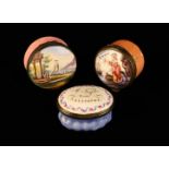 Three Charming 18th Century Bilston Enamel Patch Boxes: One round painted with 'Susanna's Farewell'