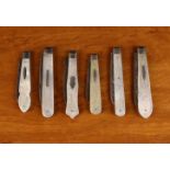 Six Decorative Antique Silver Folding Fruit Knives with mother-of-pearl handles engraved with