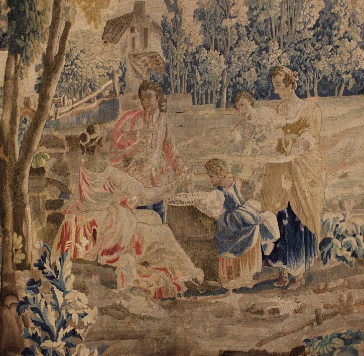 An 18th Century Aubusson Tapestry Fragment depicting a small gathering of figures in a rural - Bild 2 aus 2