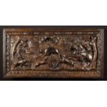 A 17th Century Flemish Oak Panel carved in relief with a hunting scene depicting a turbanned