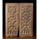 Two 16th Century Bare Oak Panels carved with Gothic tracery, 15¾" x 6¼" (40 cm x 16 cm).