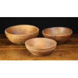 Three Vintage Lathe-Turned Elm Bowls with reddish stain: The largest 4¼" (117 cm) high,