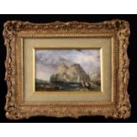A Small Oil on Panel: Sailing boats and steamer in harbour with rocky outcrop behind,