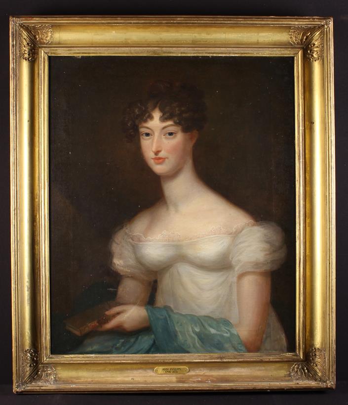 A Late 18th/Early 19th Century Oil on Canvas: Half Length Portrait of a Young Lady in a white dress;