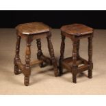 Two Early 18th Century Yew wood, Oak & Pine Stools of pegged construction.