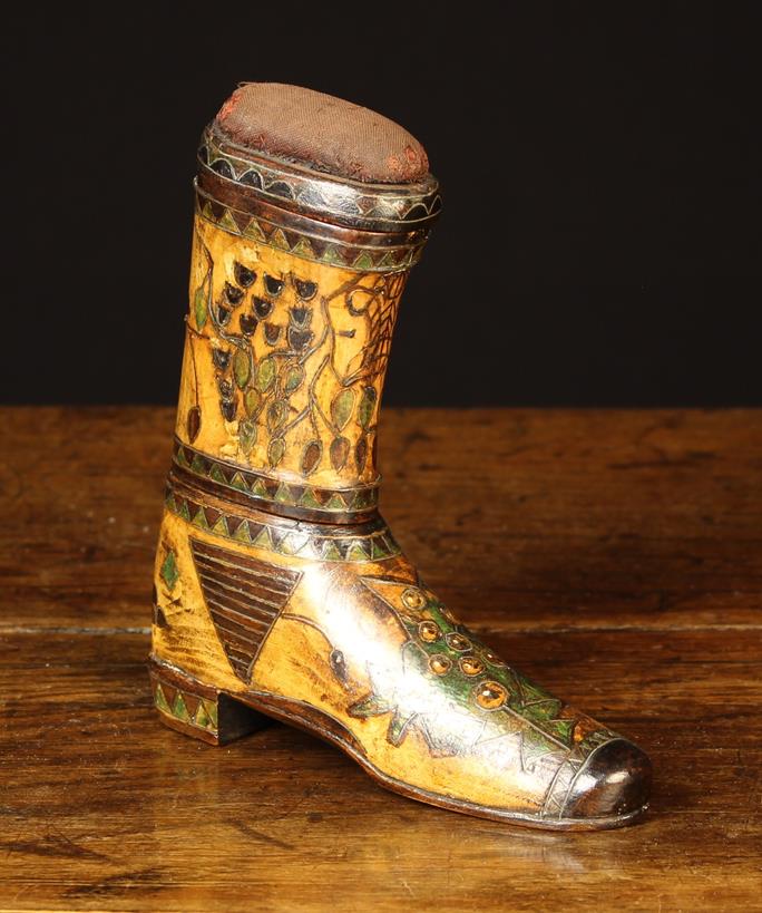 A Delightful 19th Century Folk Art Wooden Boot Last/Pin Cushion. - Image 2 of 4