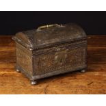A Rare 17th Century Flemish Tooled Leather Clad Marriage Casket.