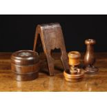 Four Pieces of 19th Century Treen: A folding cribbage score board to one side.