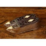 A 19th Century Snuff Box in the form of a Pair of Shoes decorated with chip carving and inlaid with