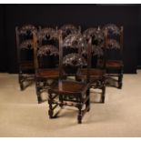 A Set of Six 17th Century Carved Oak Dining Chairs, attributed to Derbyshire or Yorkshire,.