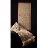 A Framed Queen Anne Sampler worked on linen with bands of alphabet, religious verse,