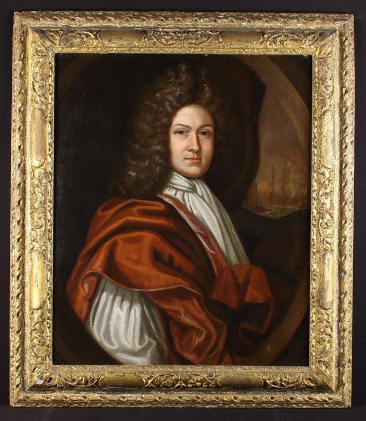 An 18th Century Oil on Canvas: Head & Shoulders Portrait of a bewigged Gentleman posed before a