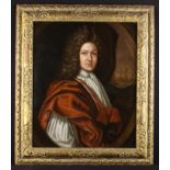 An 18th Century Oil on Canvas: Head & Shoulders Portrait of a bewigged Gentleman posed before a