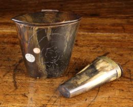 A Small Horn Flask with hinged lid and belt hook,
