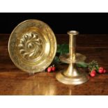 A Small Mid 17th Century English Brass Candlestick & Alms Dish.