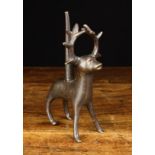 A Small & Rare Gothic Bronze Zoomorphic Pricket Candlestick in the form of a stag with antler and