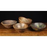 Five Vintage Lathe-turned Elm Bowls hand painted with fruit outlined in black;