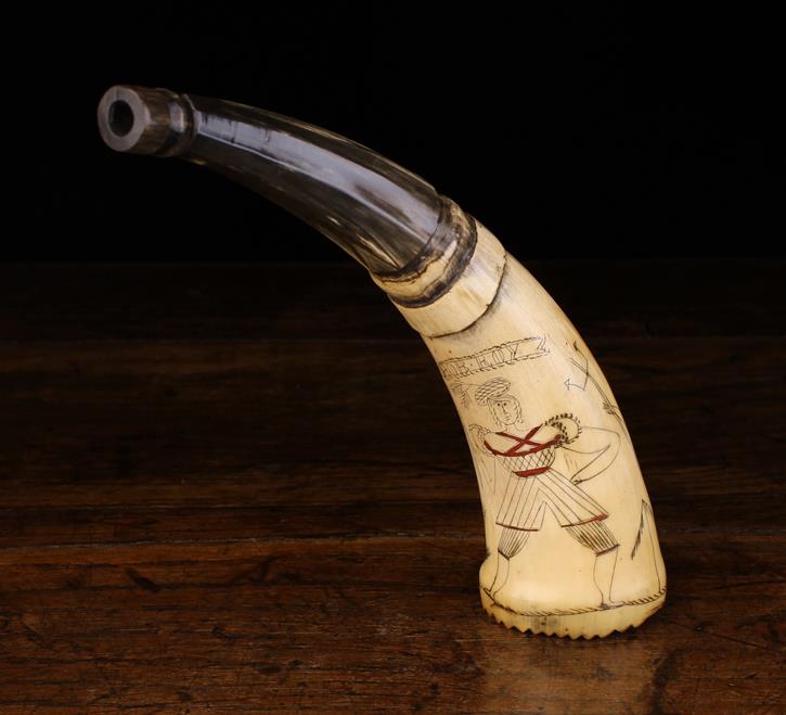 A 19th Century Folk Art Horn Powder Flask with Penwork decoration. - Image 2 of 2