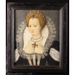 A 16th Century French School Oil on Oak Panel: Portrait of Queen Elizabeth I adorned with jewels