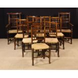 A Harlequin Set of Ten Spindle Back Rush Seat Dining Chairs including two armchairs,