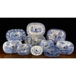 Ten Antique Blue & White Transfer Printed Meat Drainers decorated with various designs.