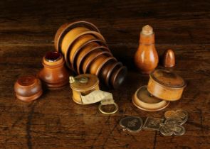 A Group of Miscellaneous Treen Implements: A Watch Maker's glass lined oil pot and a set of
