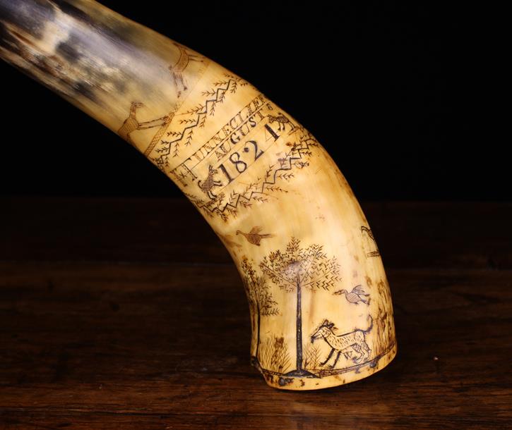 A Fabulous 19th Century Folk Art Engraved Cow Horn Powder Flask. - Image 2 of 4