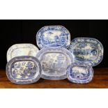 Six 19th century Blue & White Transfer Printed Meat Plates; two with moulded jus reservoirs.