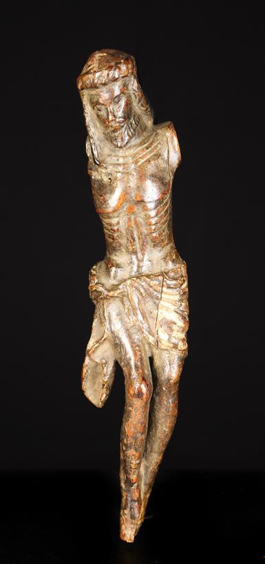 A Small 15th/16th Century Wood Carving; Corpus Christi (lacking arms) with traces of polychrome,