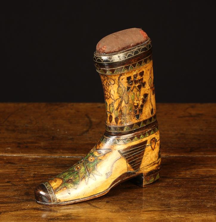 A Delightful 19th Century Folk Art Wooden Boot Last/Pin Cushion.
