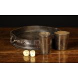 A Late 18th/Early 19th Century Leather Tray, two tumblers and a pair of antique bone dice.