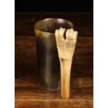 A 19th Century Horn Beaker and a Bone Apple Corer/Cheese Scoop carved with cross-hatch decoration.